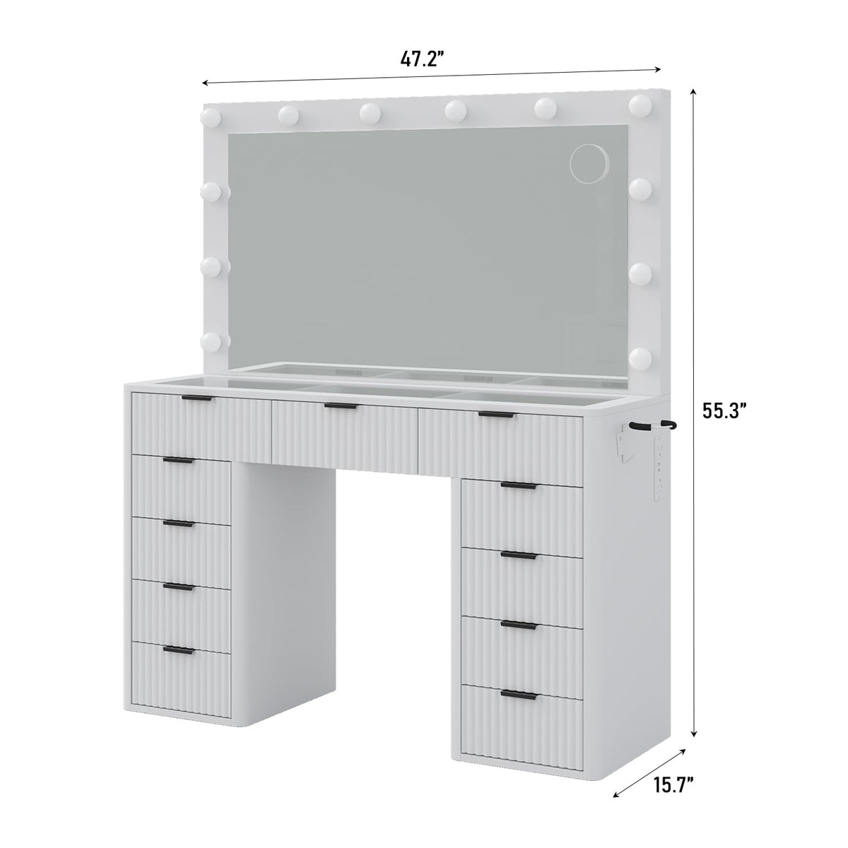 47" White Vanity Desk with 3-Color LED Mirror & 11 Drawers Z45798