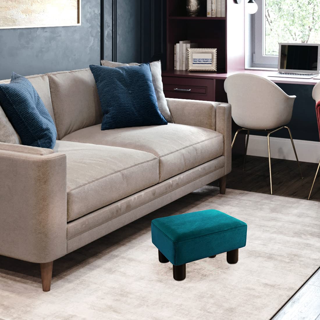 Small Teal Velvet Rectangle Foot Stool Ottoman T6711