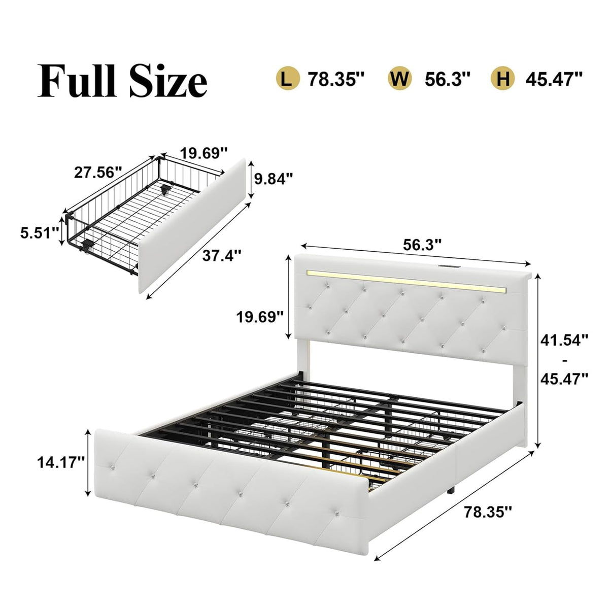 White PU Upholstered Full Size Bed Frame with 4 Storage Drawers M842