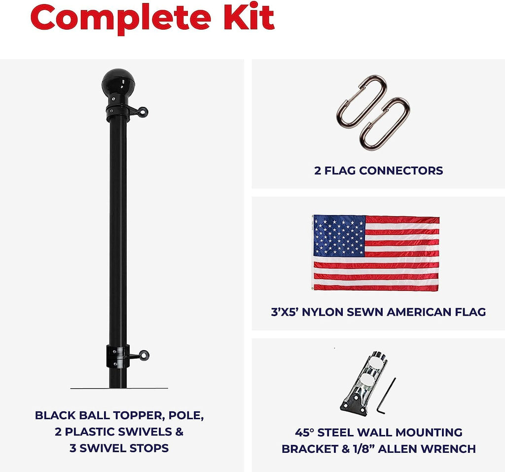 6' Black Aluminum Flagpole with American Flag and Mounting Bracket B2206