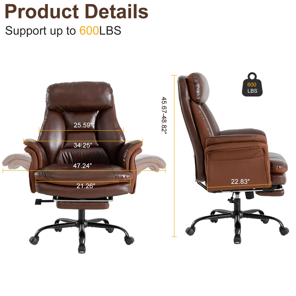 600lbs Big and Tall Brown Leather Office Chair with Footrest C14868