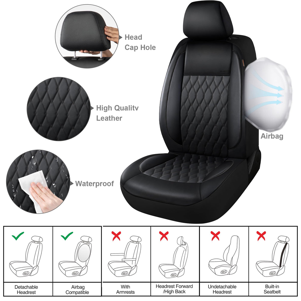 Faux Leather Car Seat Covers Full Set 5-Seat Black K35248