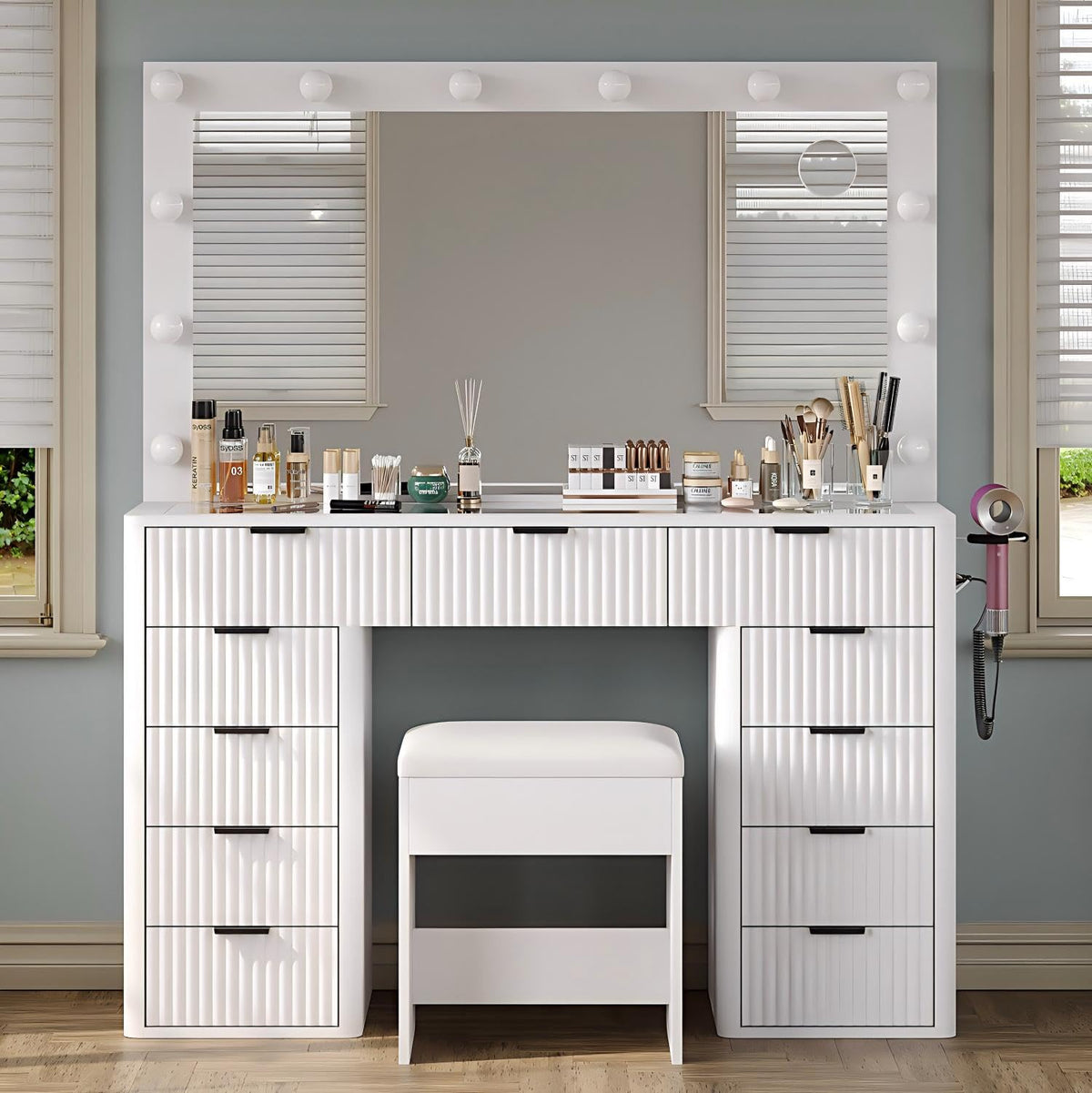 47" White Vanity Desk with 3-Color LED Mirror & 11 Drawers Z45798