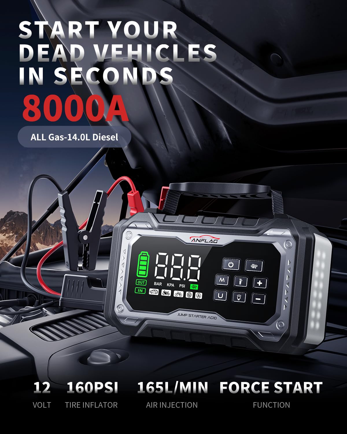 Car Battery Jump Starter with Air Compressor 8000A Portable Booster Pack 160PSI Tire Inflator J247425