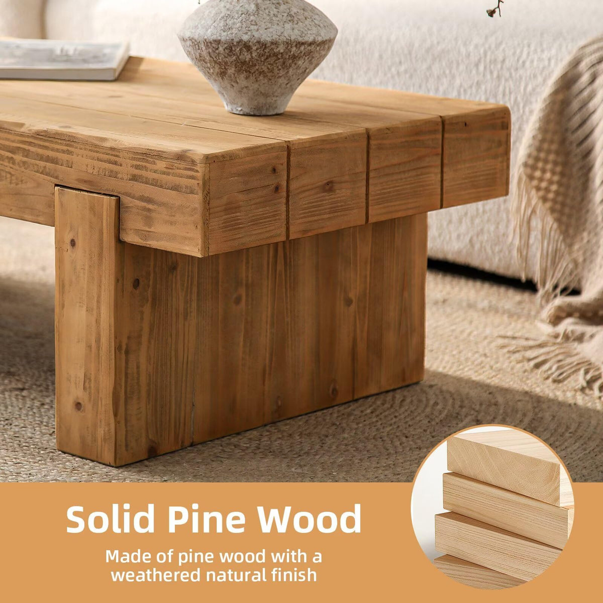 Solid Pine Wood Coffee Table, Rectangular Chunky Block Legs I40501