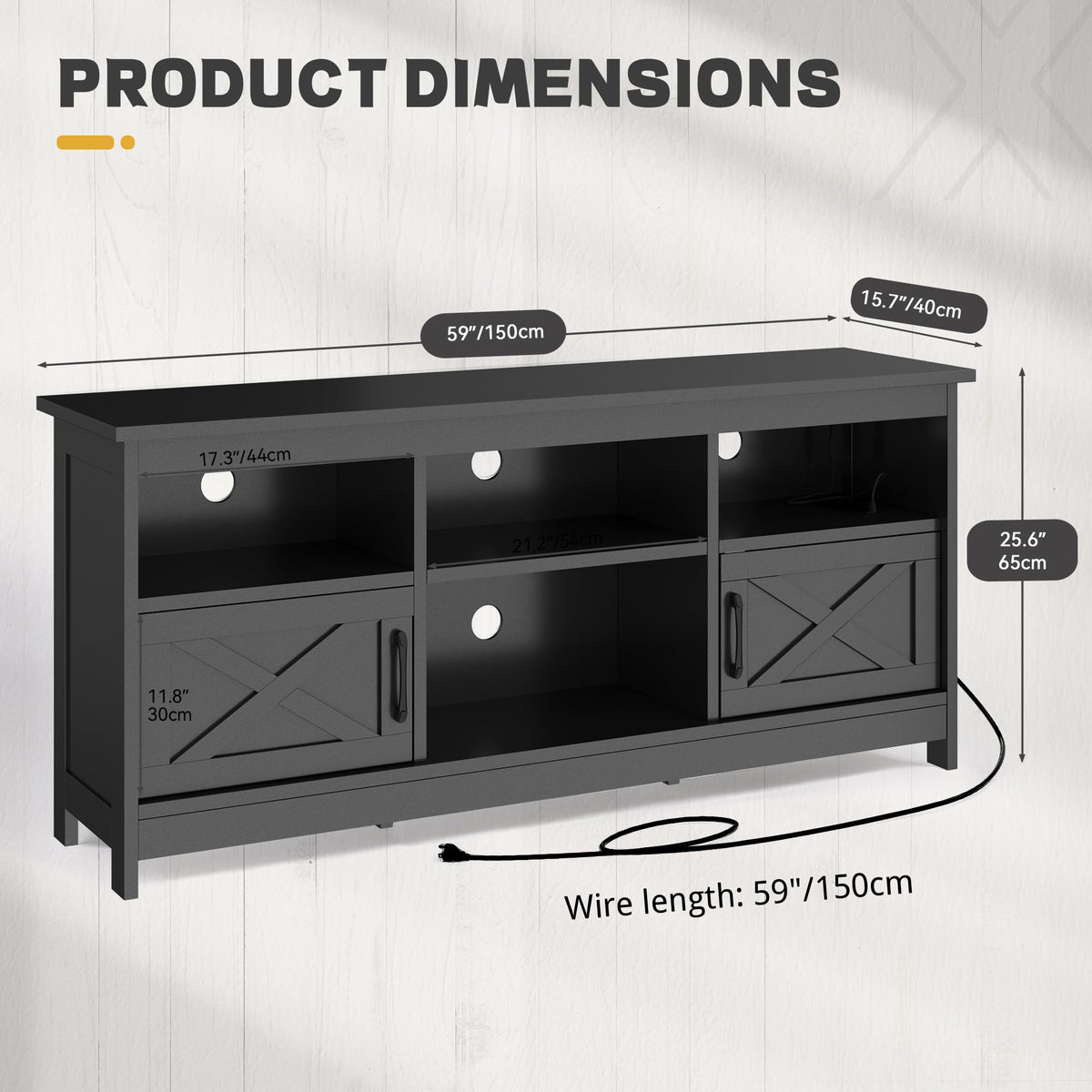 Black TV Stand with Power Outlet and LED Light Y7389