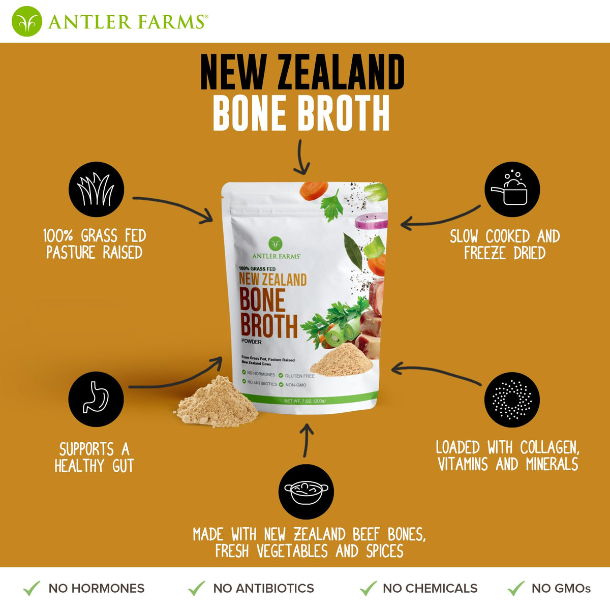 100% Grass Fed New Zealand Bone Broth Powder, 40 Servings, 200g Z413876