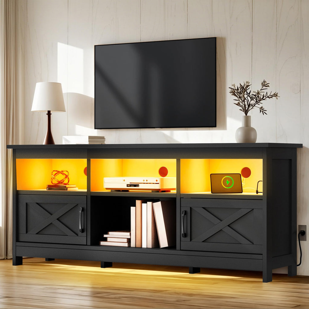 Black TV Stand with Power Outlet and LED Light Y7389