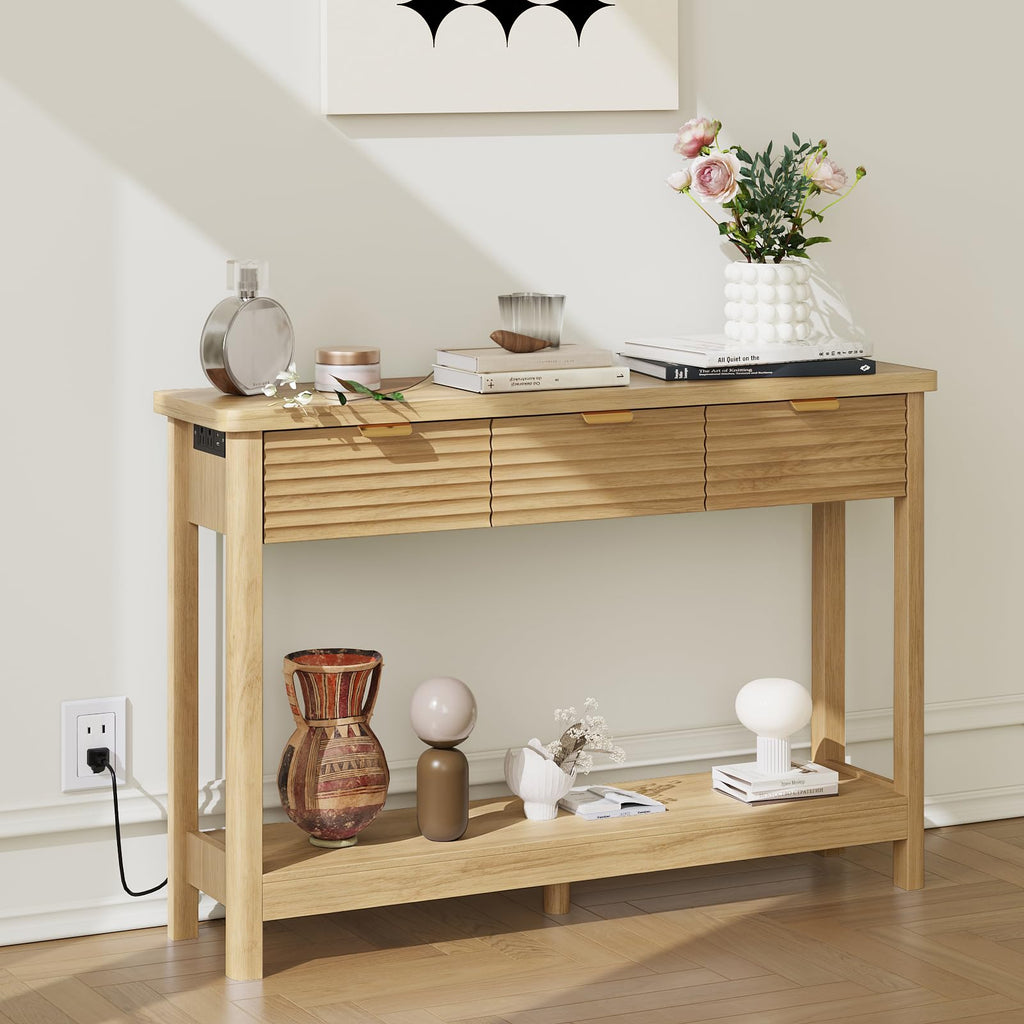 47.2" Narrow Console Table with 3 Drawers & Charging Station, Oak X212301