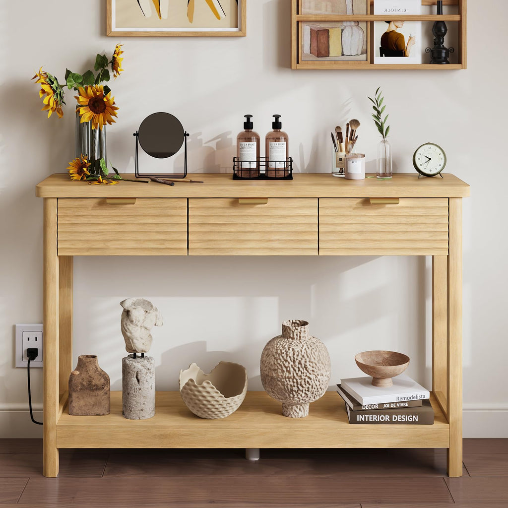 47.2" Narrow Console Table with 3 Drawers & Charging Station, Oak X212301