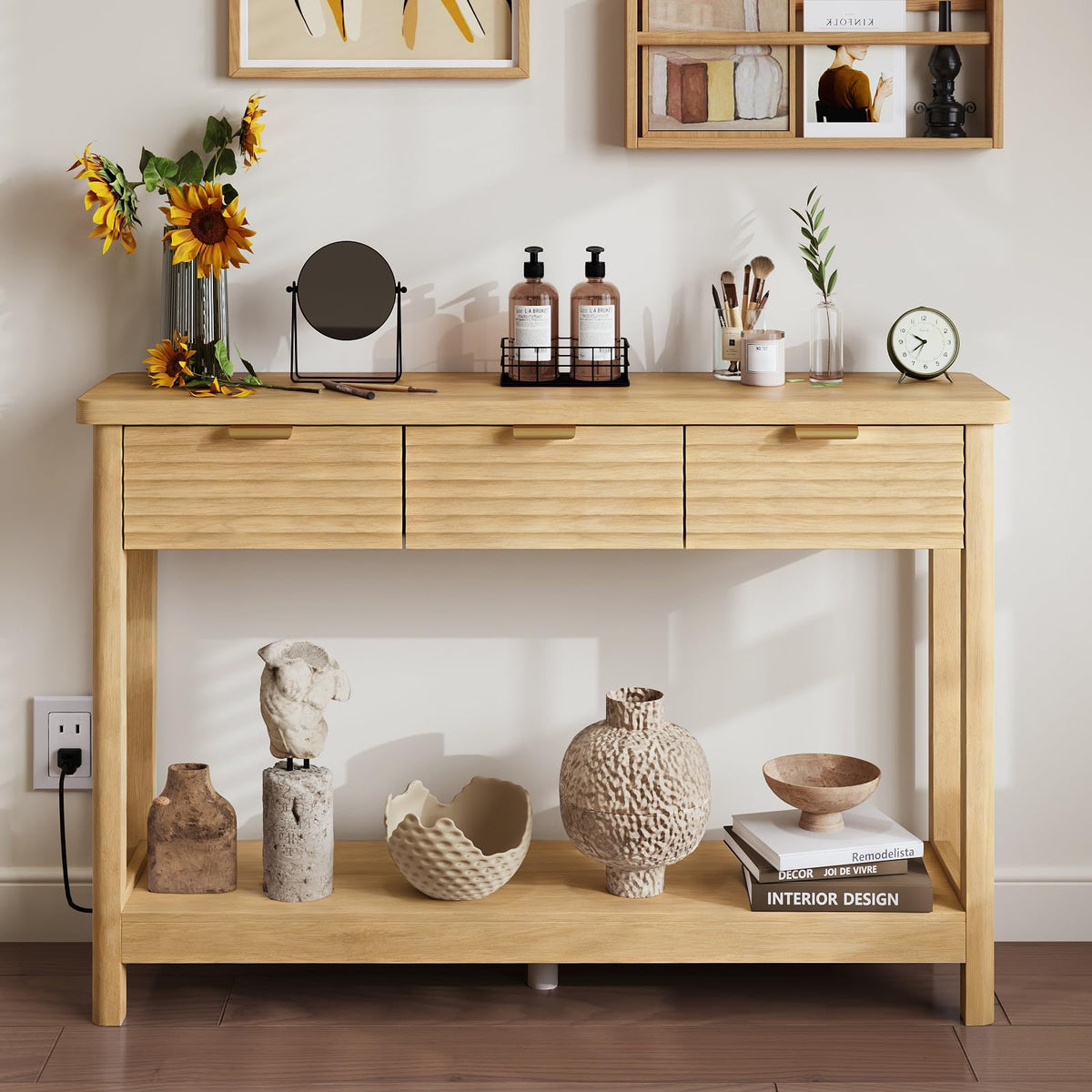 47.2" Narrow Console Table with 3 Drawers & Charging Station, Oak X212301