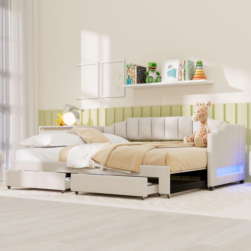 Twin XL Linen Upholstered Daybed with Storage Drawers and LED Light W51251