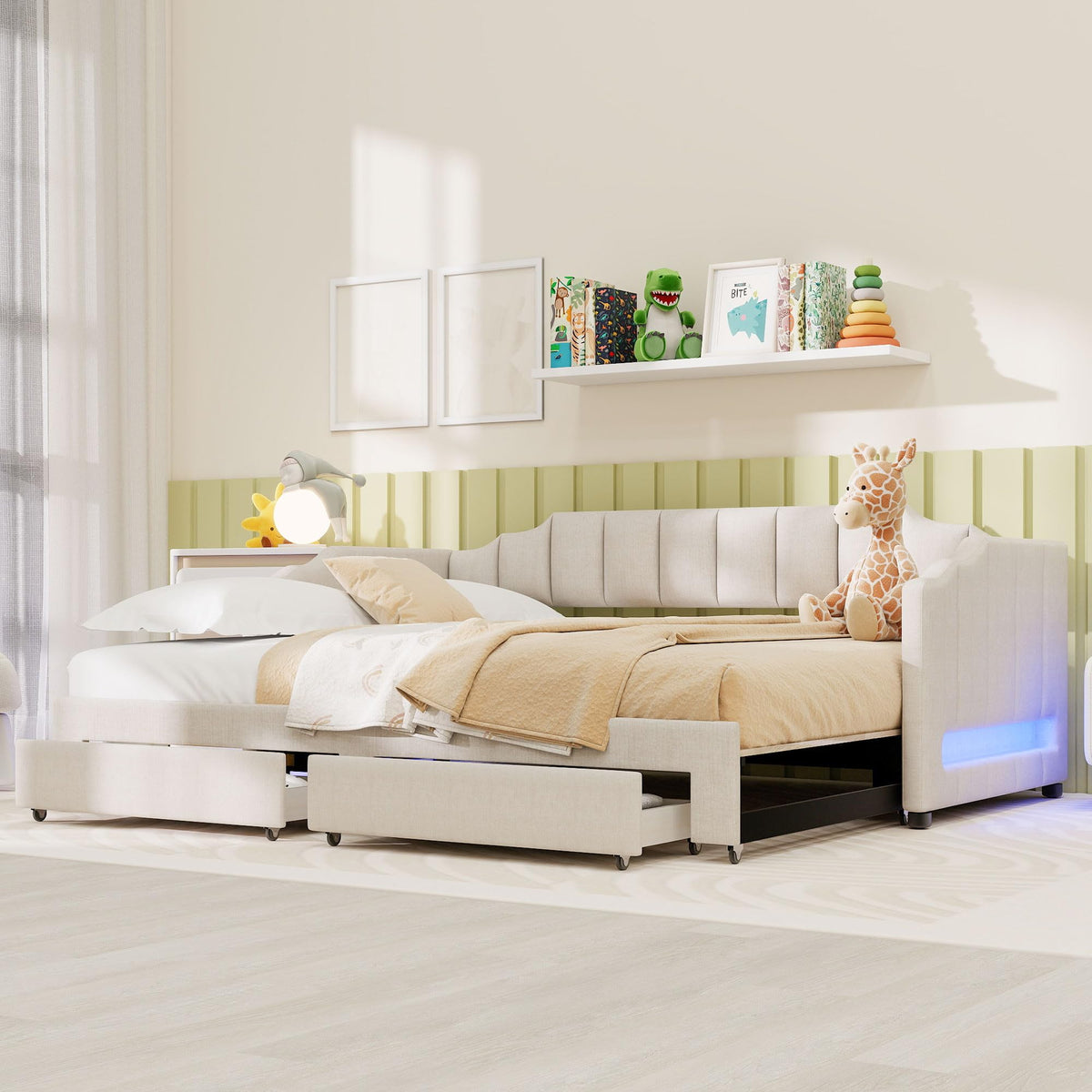 Twin XL Linen Upholstered Daybed with Storage Drawers and LED Light W51251