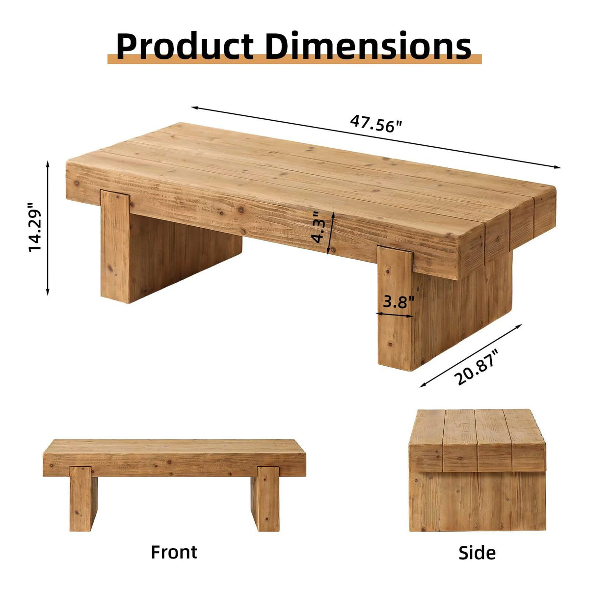 Solid Pine Wood Coffee Table, Rectangular Chunky Block Legs I40501