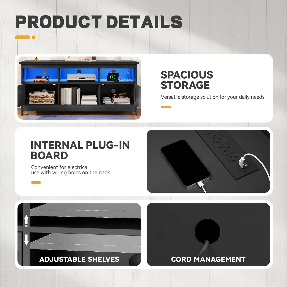 Black TV Stand with Power Outlet and LED Light Y7389