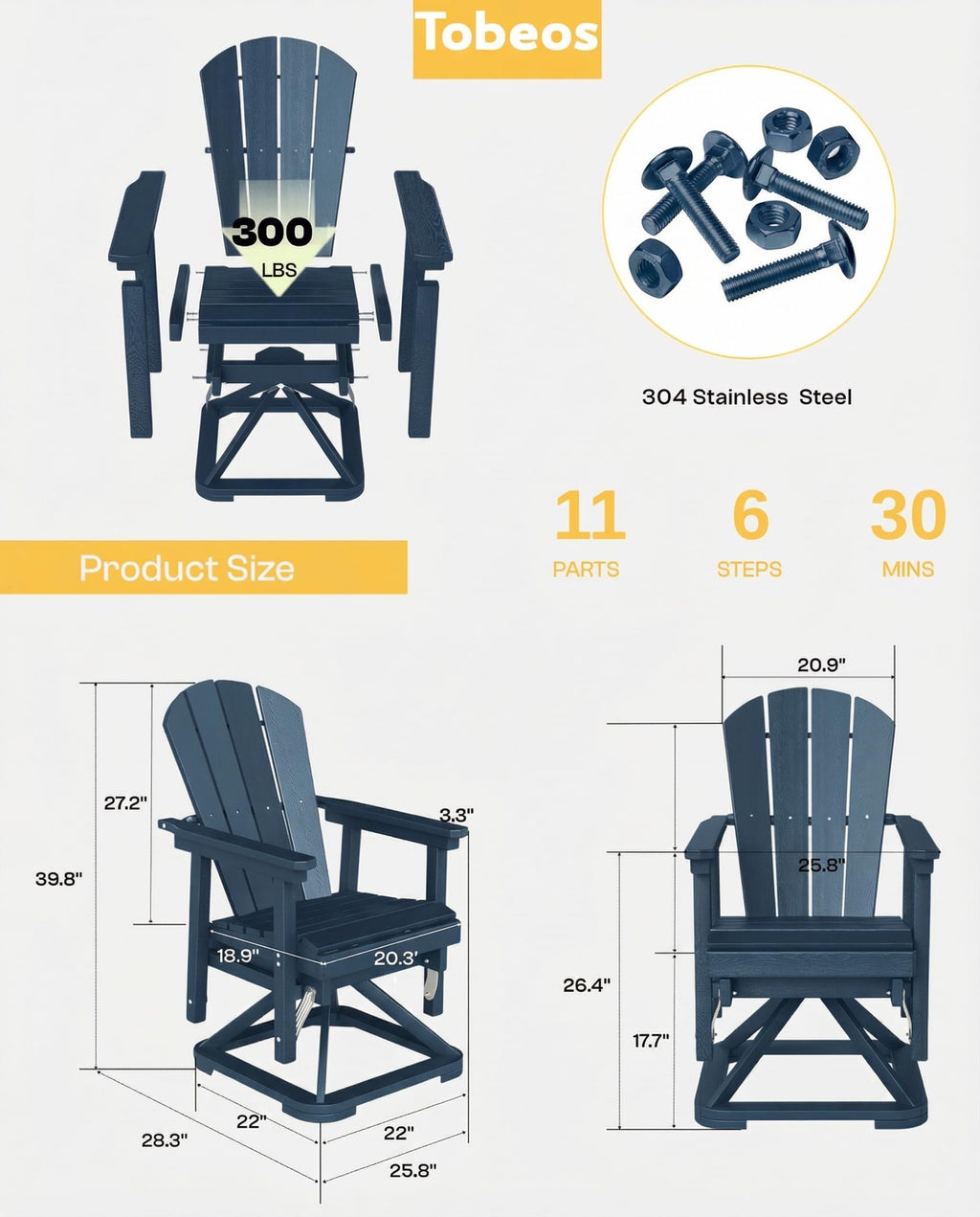 HDPE Oversized Swivel Glider Rocking Chair Set of 2 Navy Blue T392671