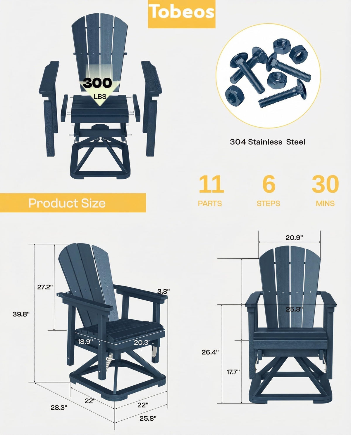HDPE Oversized Swivel Glider Rocking Chair Set of 2 Navy Blue T392671