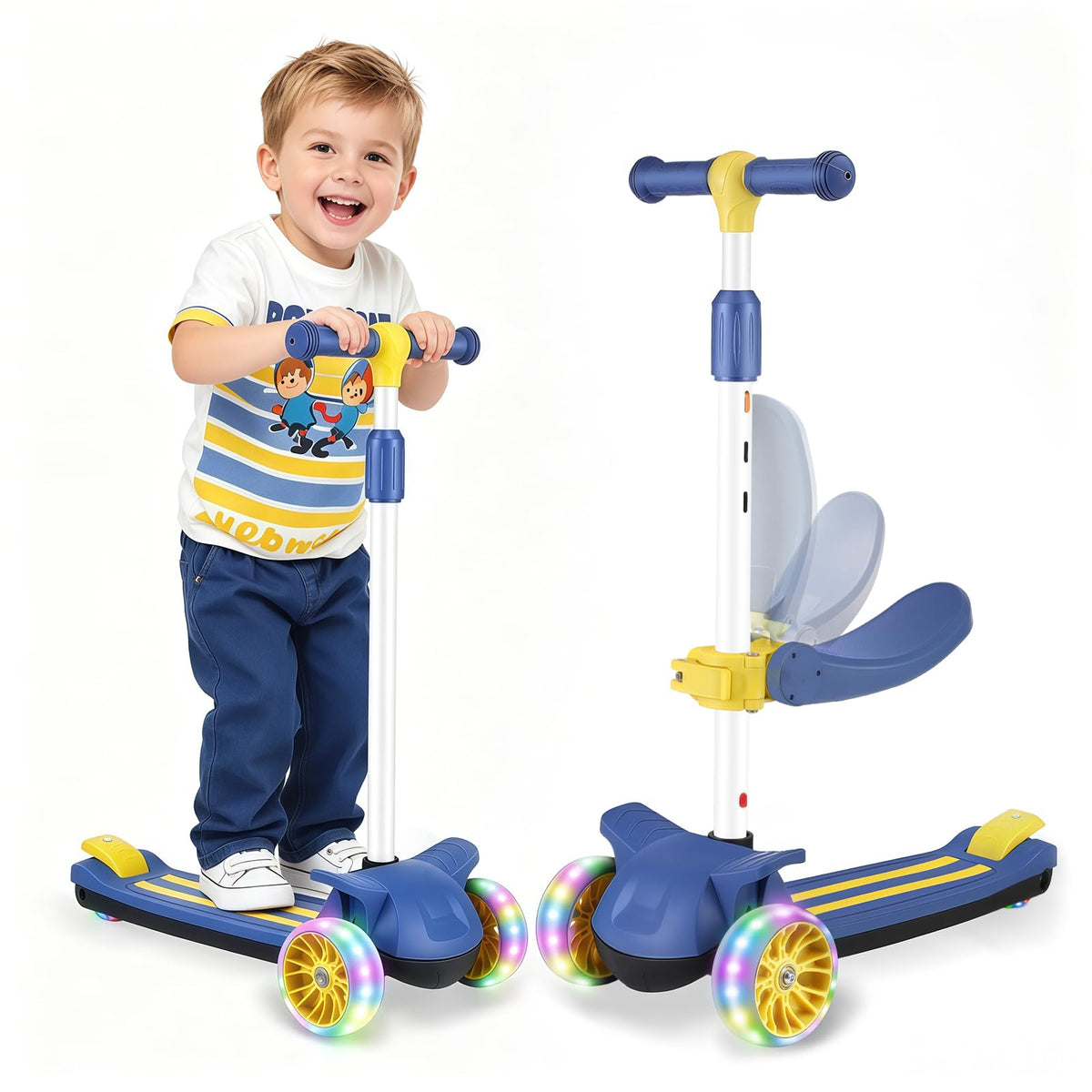 2 in 1 Kids Scooter with Removable Seat, Light up 3 Wheels, 4 Adjustable Height B104779