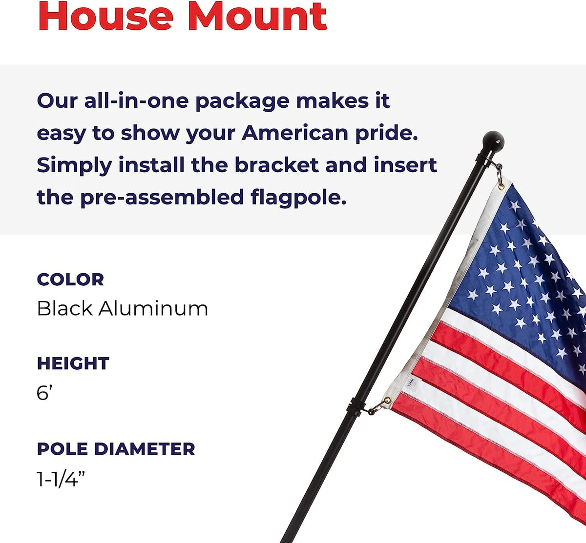 6' Black Aluminum Flagpole with American Flag and Mounting Bracket B2206