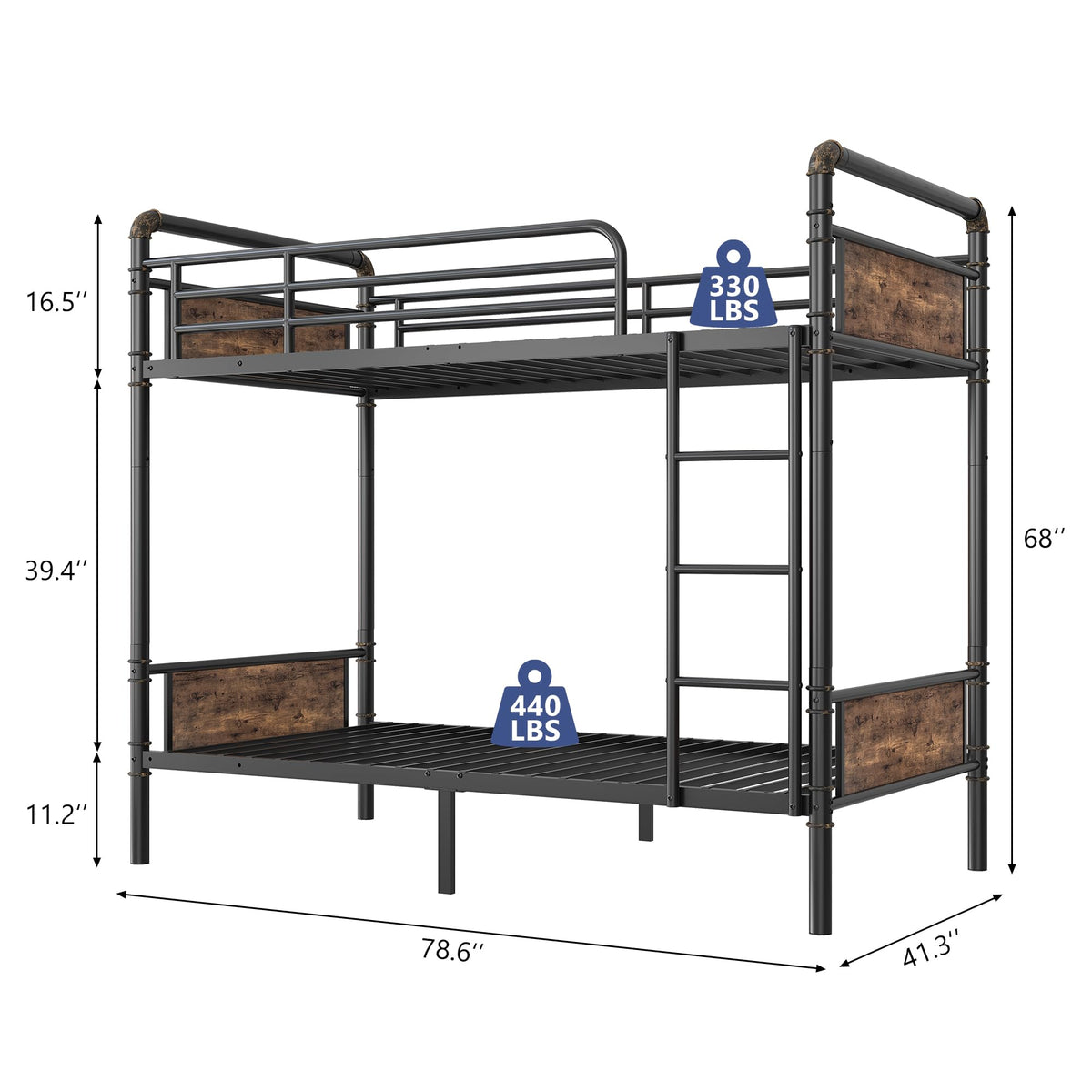 Twin Over Twin Metal Bunk Bed with Ladder and Guardrail M58130