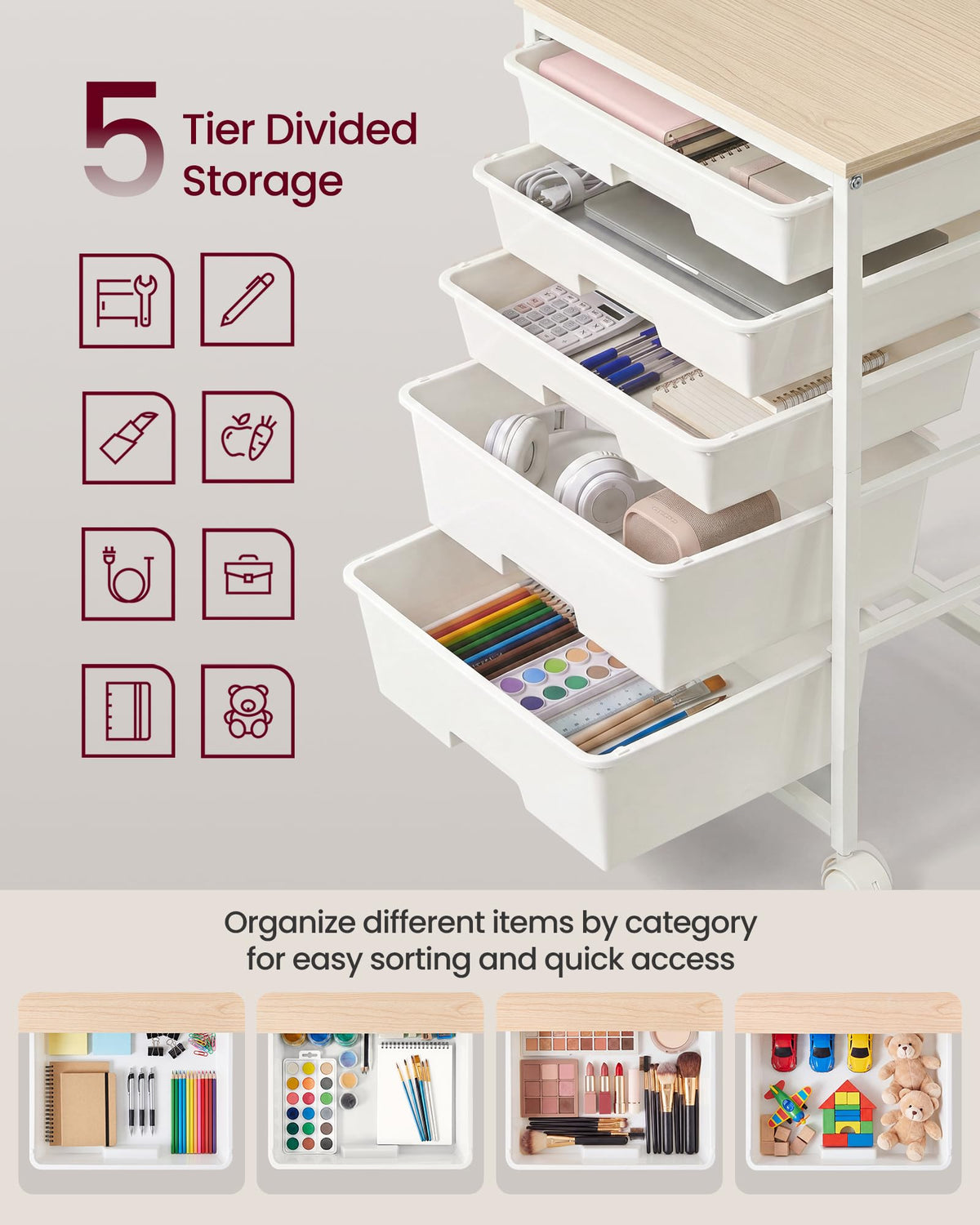 White 5 Drawers Rolling Cart Q4811