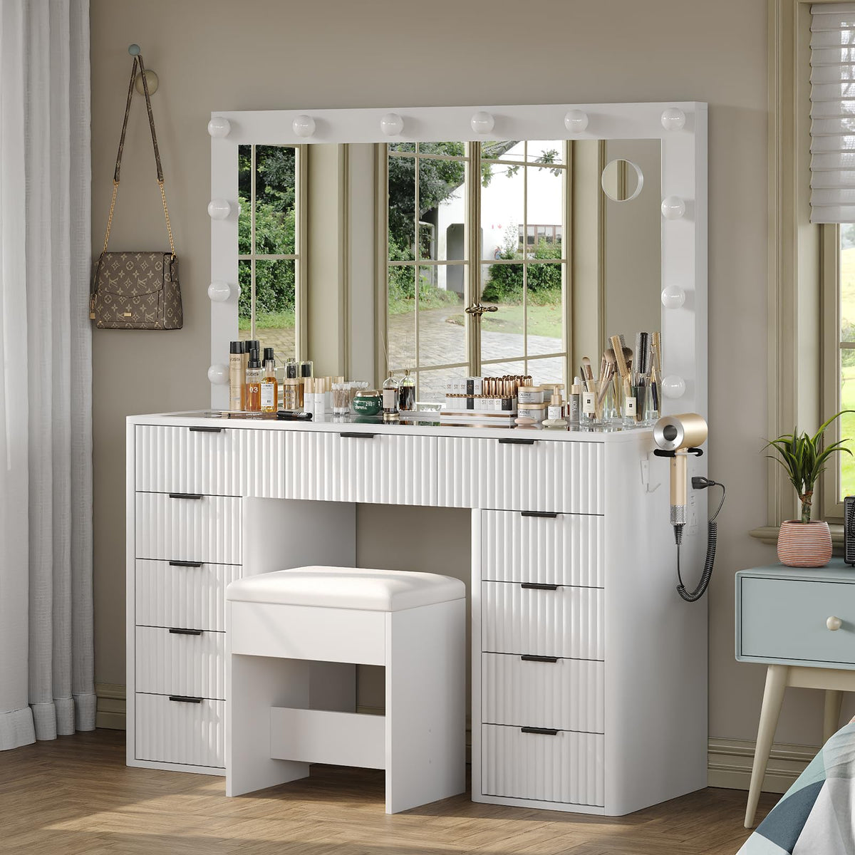 47" White Vanity Desk with 3-Color LED Mirror & 11 Drawers Z45798