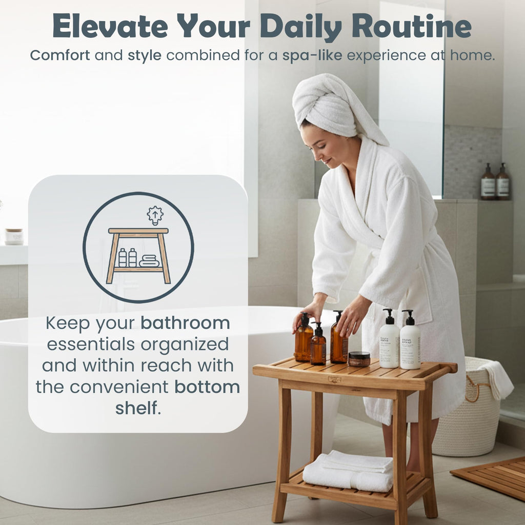 22-Inch Teak Shower Bench with Storage Shelf A3230