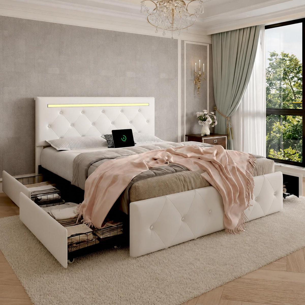 White PU Upholstered Full Size Bed Frame with 4 Storage Drawers M842