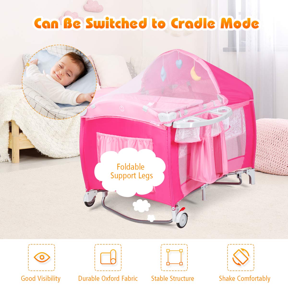 4 in 1 Pink Pack and Play with Bassinet U80049