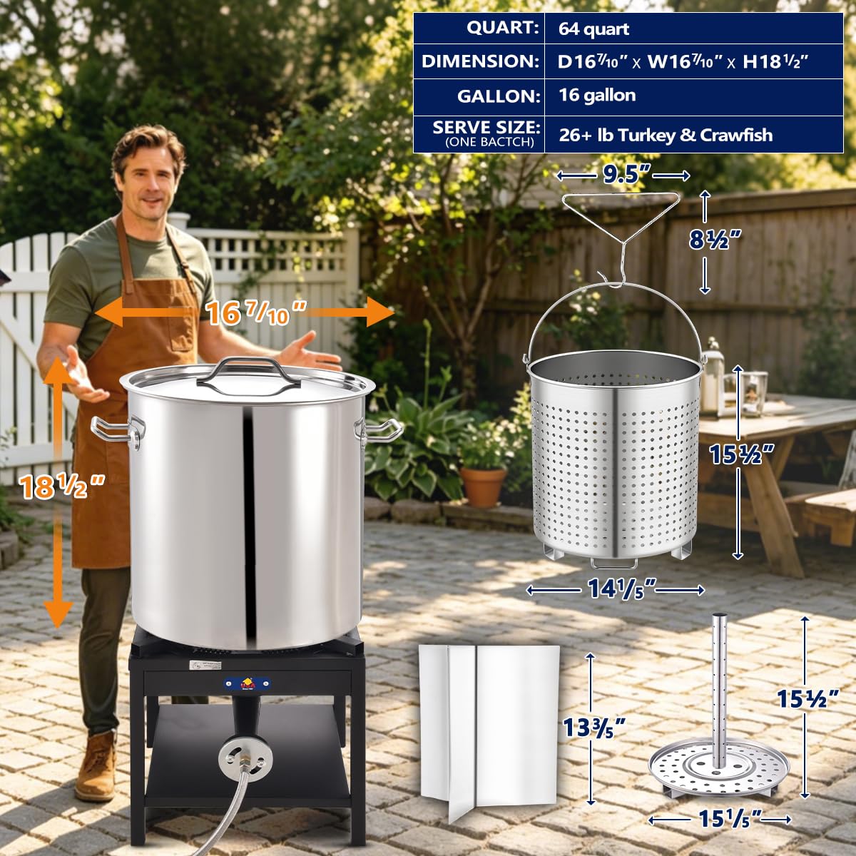 64QT Stainless Steel Stockpot with Basket A822