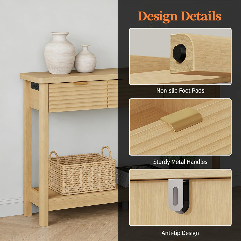 47.2" Narrow Console Table with 3 Drawers & Charging Station, Oak X212301