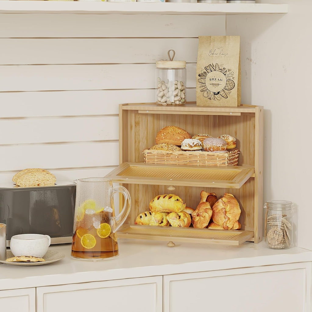 Double Layer Bamboo Bread Box with Wavy Windows A4704