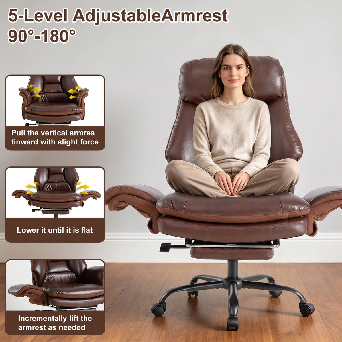 600lbs Big and Tall Brown Leather Office Chair with Footrest C14868