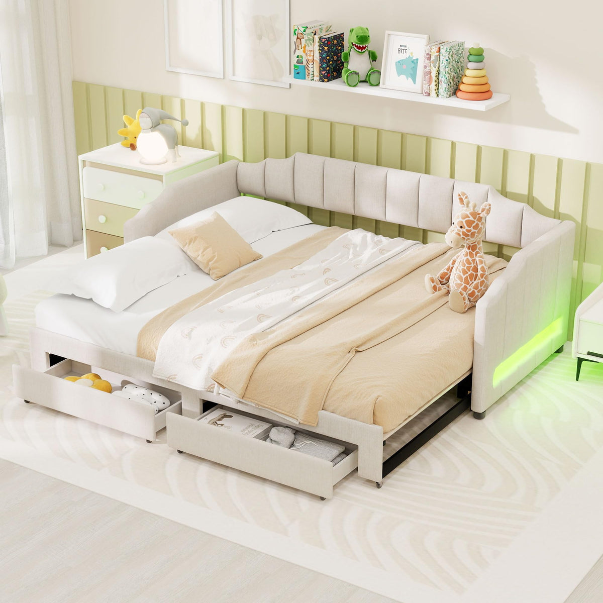 Twin XL Linen Upholstered Daybed with Storage Drawers and LED Light W51251