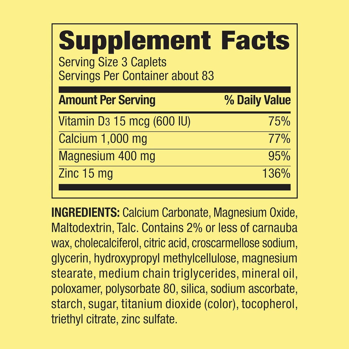 Calcium Magnesium Zinc Vitamin D3 Caplets Dietary Supplement 250 Count C455152