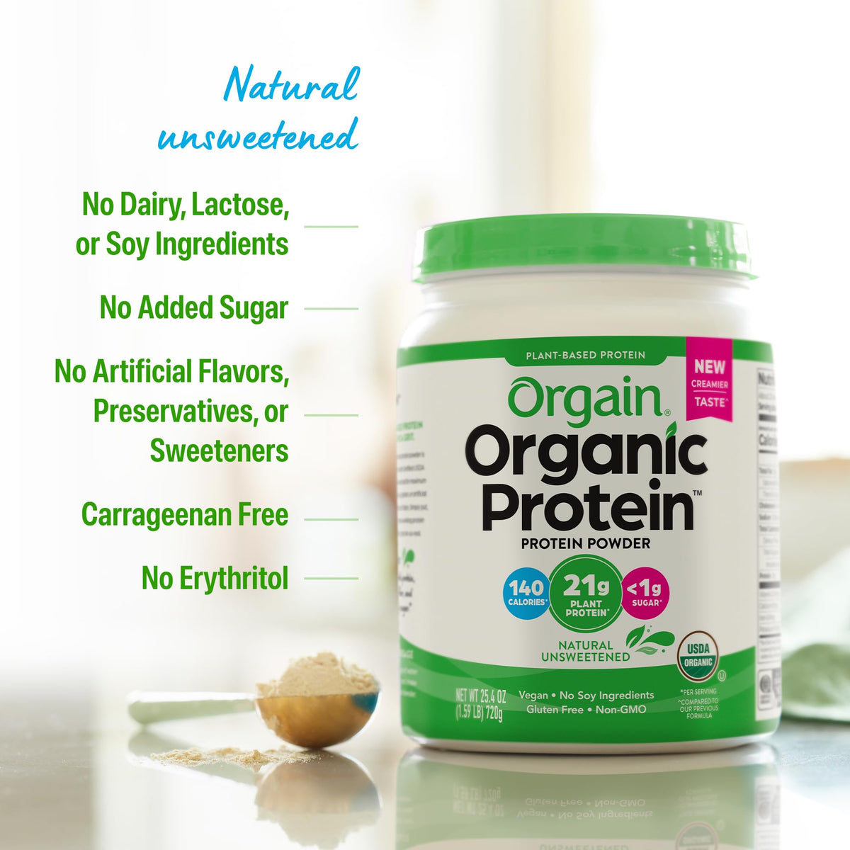 Organic Vegan Protein Powder, Natural Unsweetened, 1.59 lb T4749