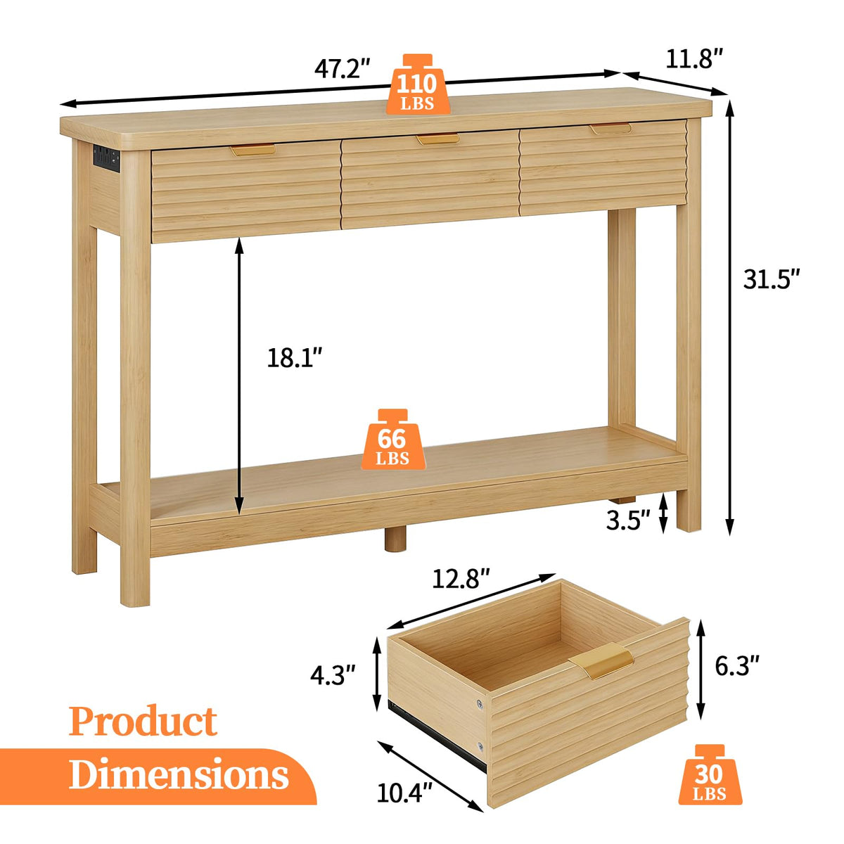 47.2" Narrow Console Table with 3 Drawers & Charging Station, Oak X212301