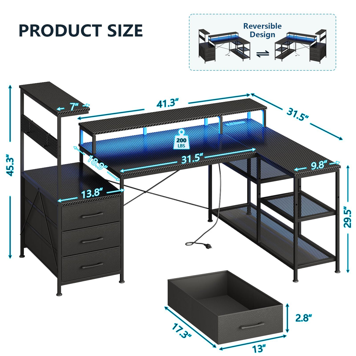 L Shaped Gaming Desk with Drawers T15700