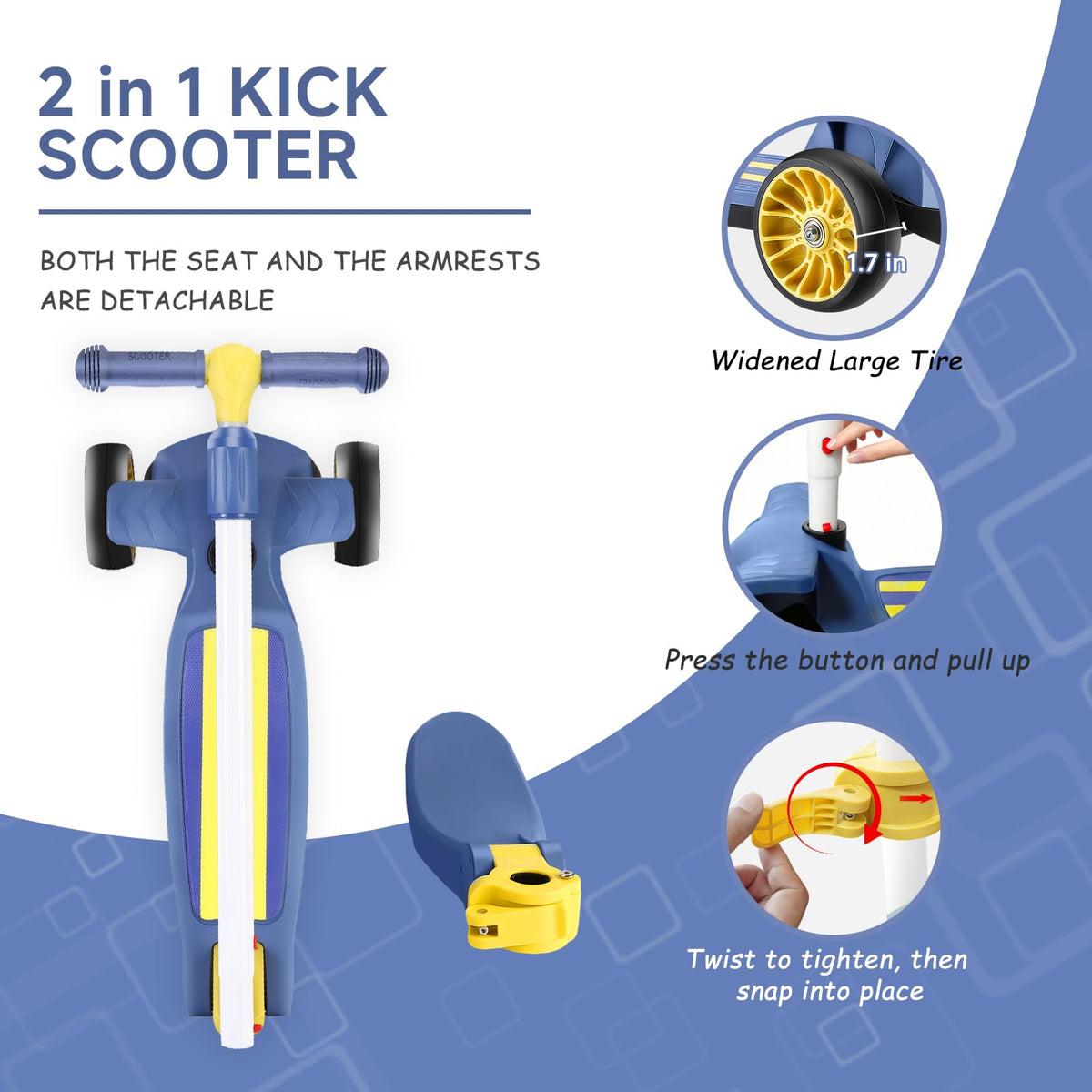 2 in 1 Kids Scooter with Removable Seat, Light up 3 Wheels, 4 Adjustable Height B104779
