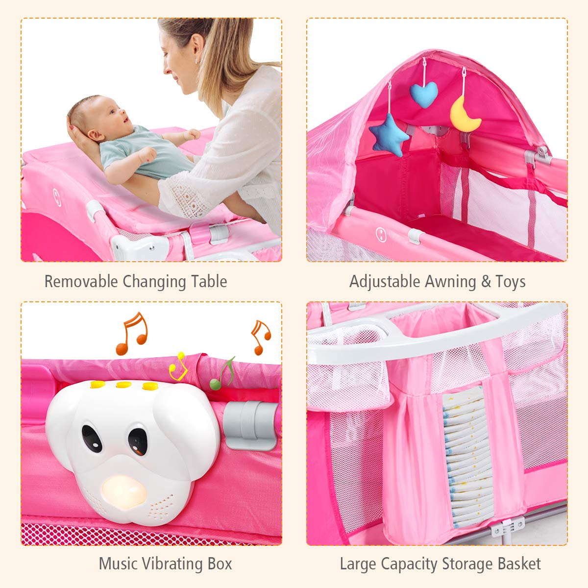 4 in 1 Pink Pack and Play with Bassinet U80049