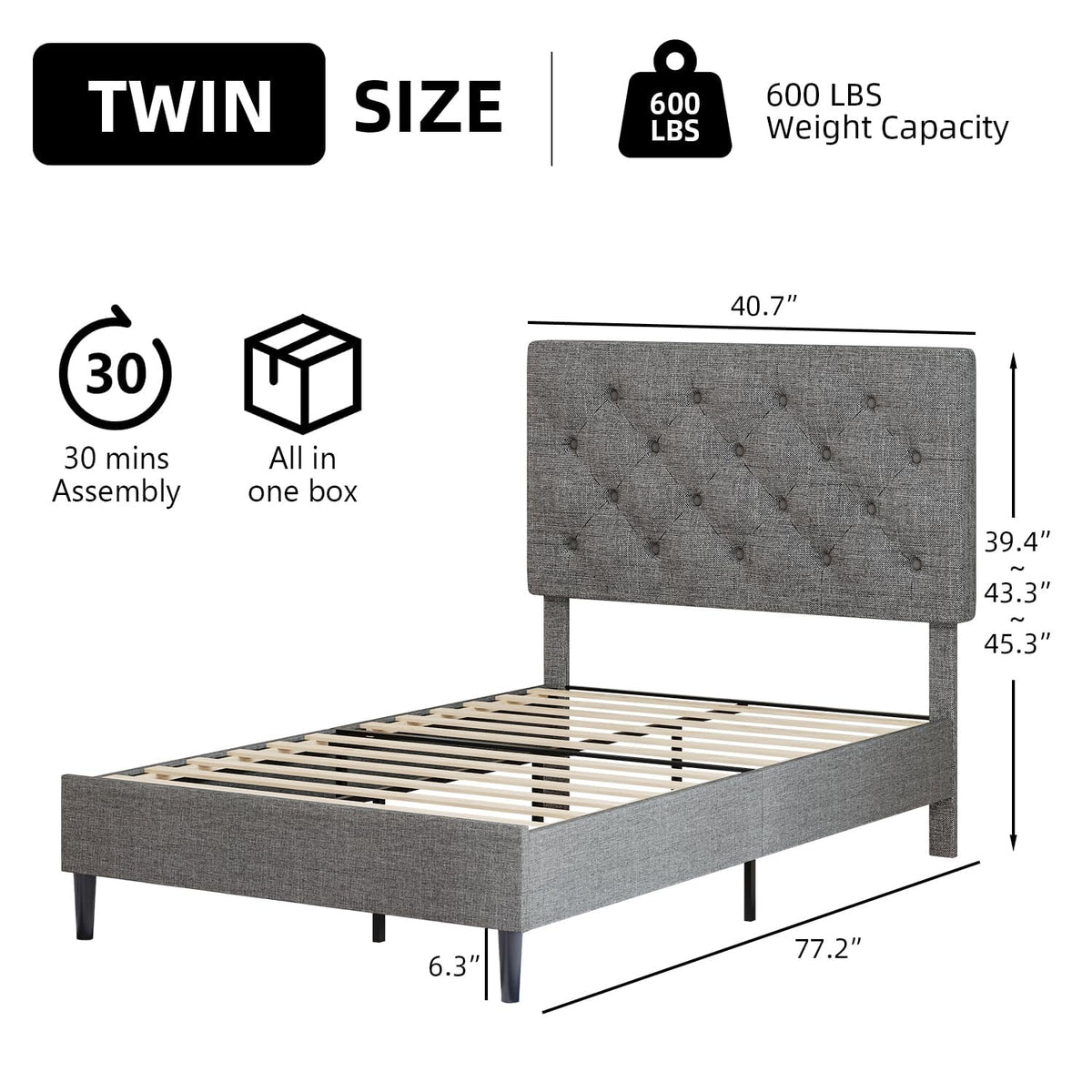 Light Grey Twin Bed Frame with Adjustable Tufted Headboard E1682