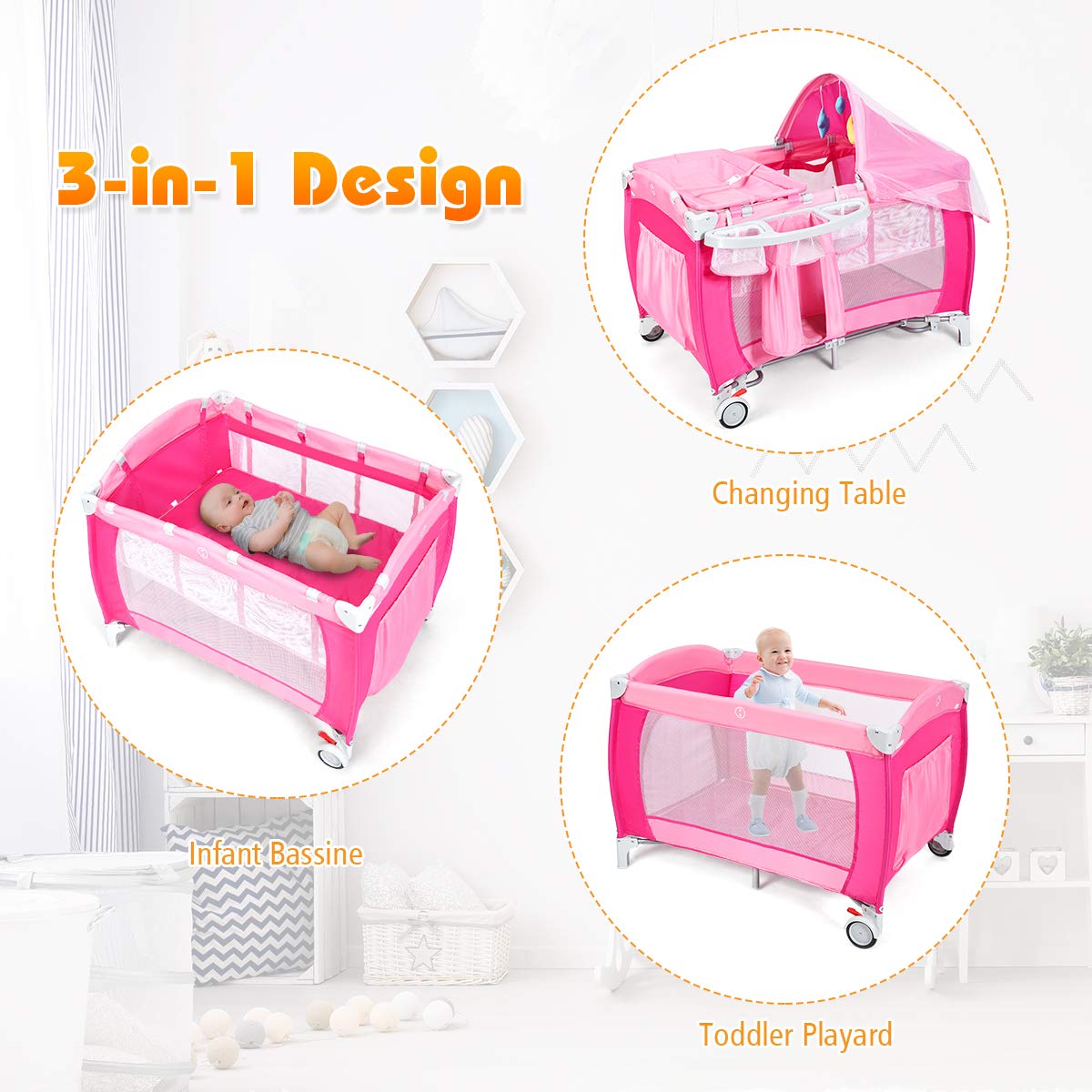 4 in 1 Pink Pack and Play with Bassinet U80049