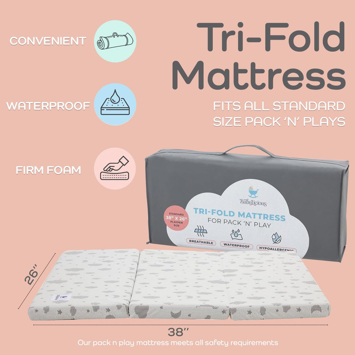 Pack and Play Mattress Topper 38" x 26" Trifold Soft Foam N343