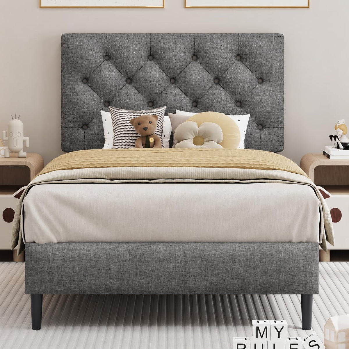 Light Grey Twin Bed Frame with Adjustable Tufted Headboard E1682
