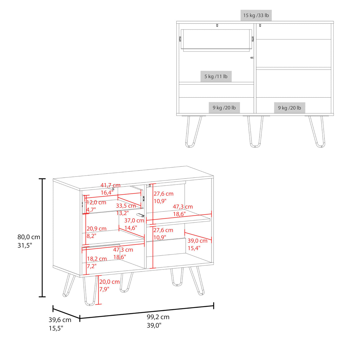39" Wide Console Table with Two Cabinets, One Drawer and Four Shelves V433