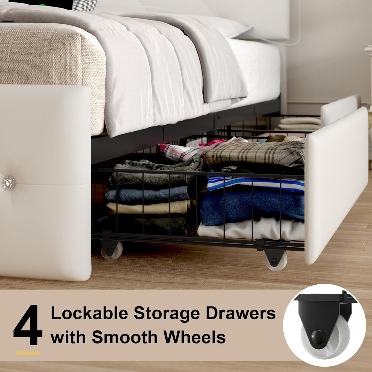 White PU Upholstered Full Size Bed Frame with 4 Storage Drawers M842