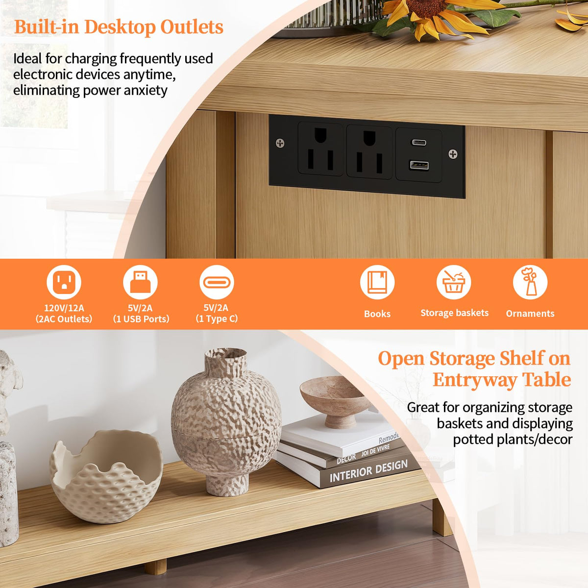 47.2" Narrow Console Table with 3 Drawers & Charging Station, Oak X212301
