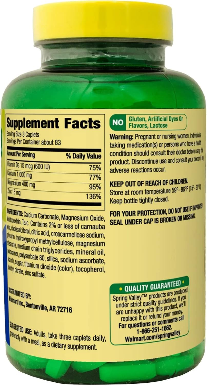 Calcium Magnesium Zinc Vitamin D3 Caplets Dietary Supplement 250 Count C455152