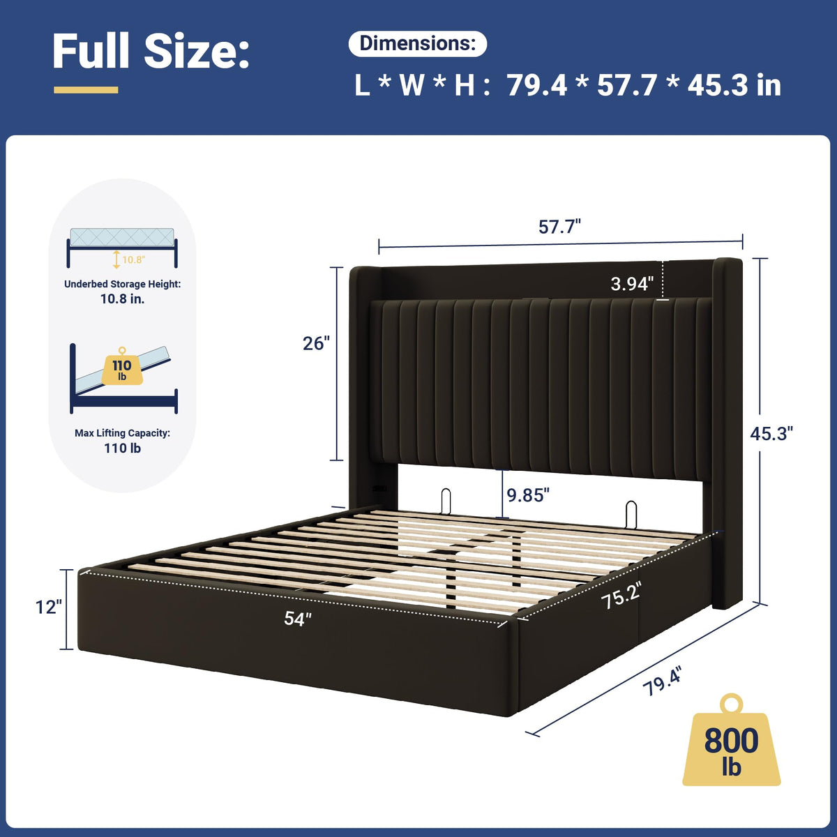 Full Lift Up Storage Hydraulic Bed Frame Black U873