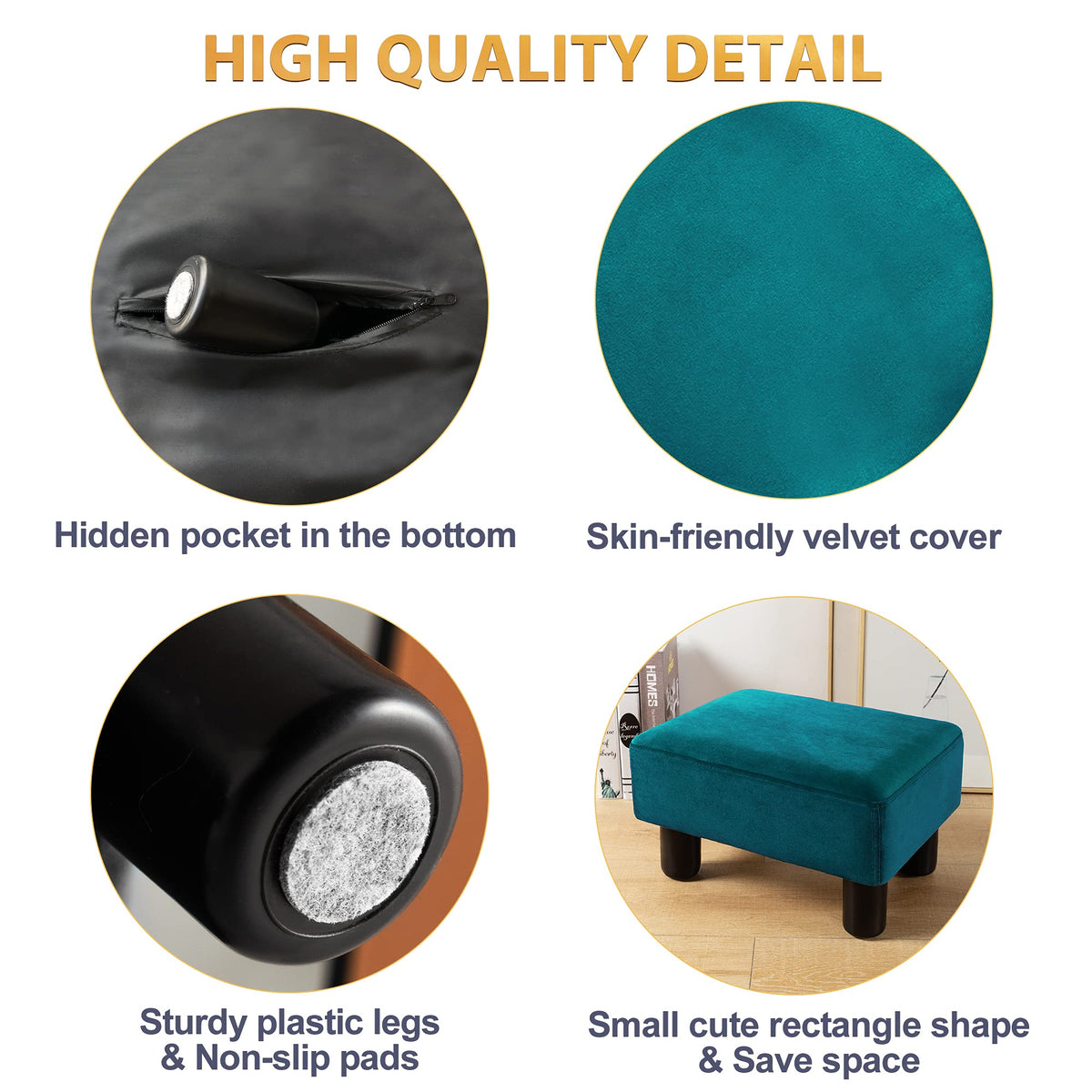 Small Teal Velvet Rectangle Foot Stool Ottoman T6711
